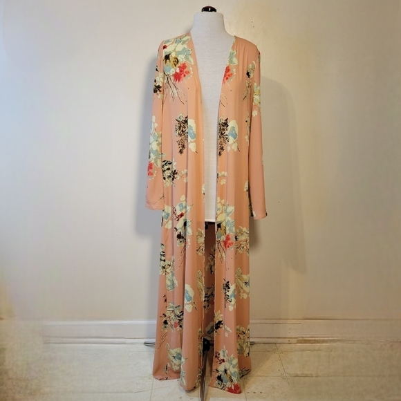Peach Love California Tops - Peach Love CA: Women's Small Pink Open front Maxi Length Duster Kimono Cover-up